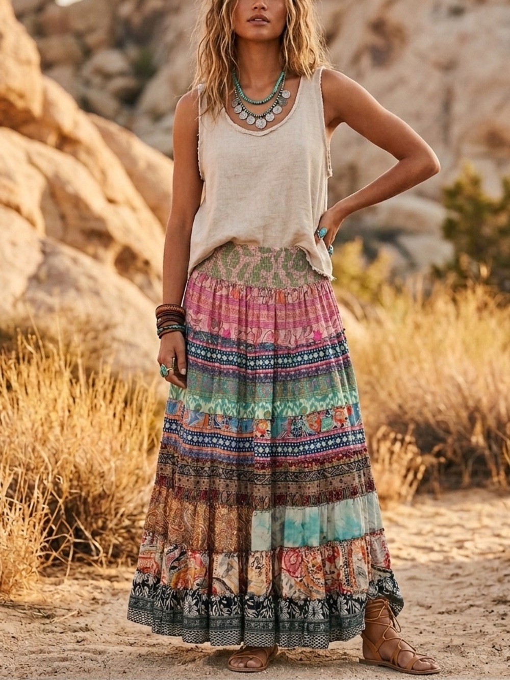 Recycled Silk Blend Floral Patchwork Tiered Ruffle Skirt Free Size Gypsy Boho